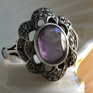 Purple Amethyst Marcasite Sterling Ring Size 8.5